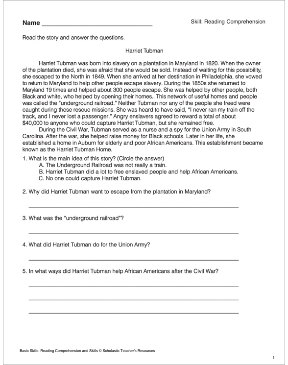 Harriet Tubman Reading Comprehension Passage Printable Texts and