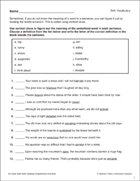 Vocabulary—Context Clues (2): 6th Grade Reading Skills | Printable