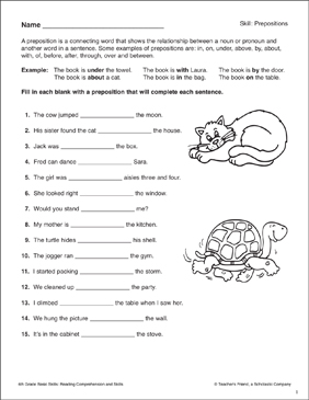 Prepositions: 6th Grade Reading Skills | Printable Skills ...