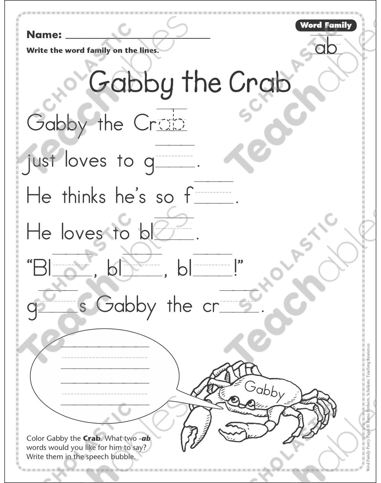 Gabby The Crab Word Family Ab Word Family Poetry Page Printable Skills Sheets