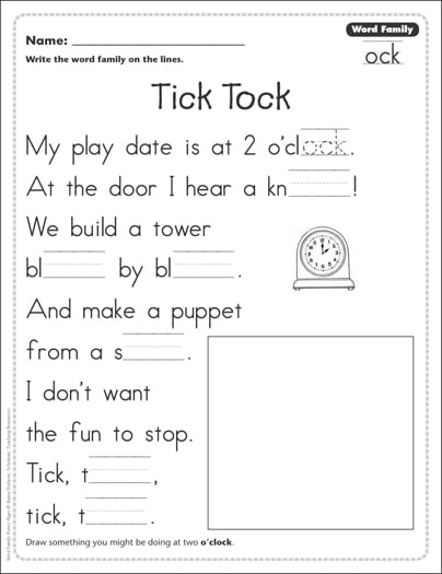 Tick Tock Word Family Ock Word Family Poetry Page Printable Skills Sheets