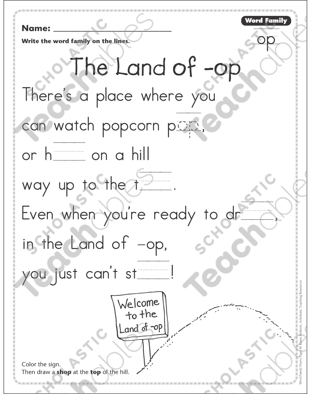 The Land Of Op Word Family Op Word Family Poetry Page Printable Skills Sheets