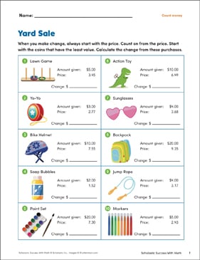 Yard Sale (Count Money) | Printable Skills Sheets