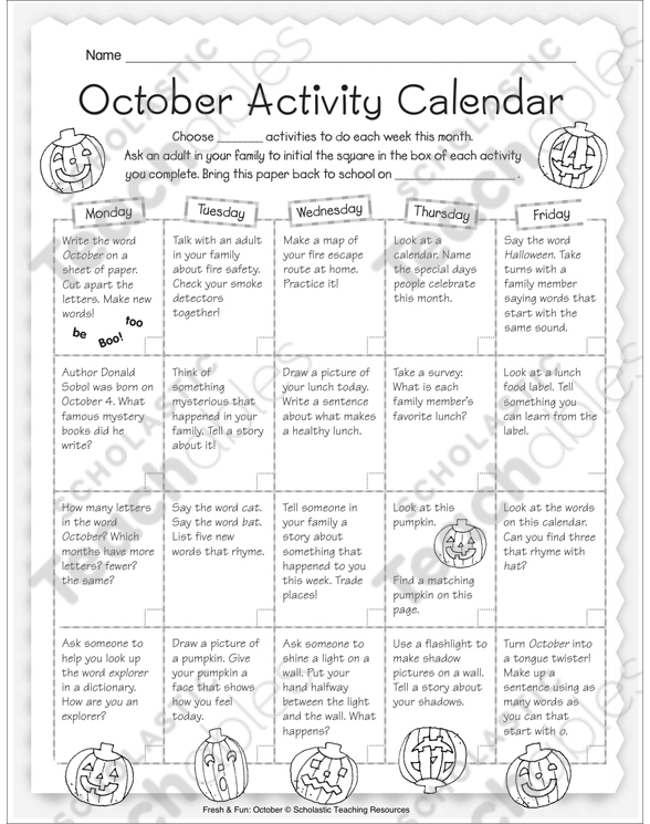 October Activity Calendar | Printable Calendars, Skills Sheets