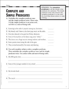 Complete and Simple Predicates: Grammar Practice | Printable ...