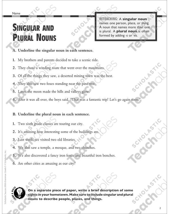 singular and plural nouns grammar practice gr 4 5 printable test prep and tests skills sheets