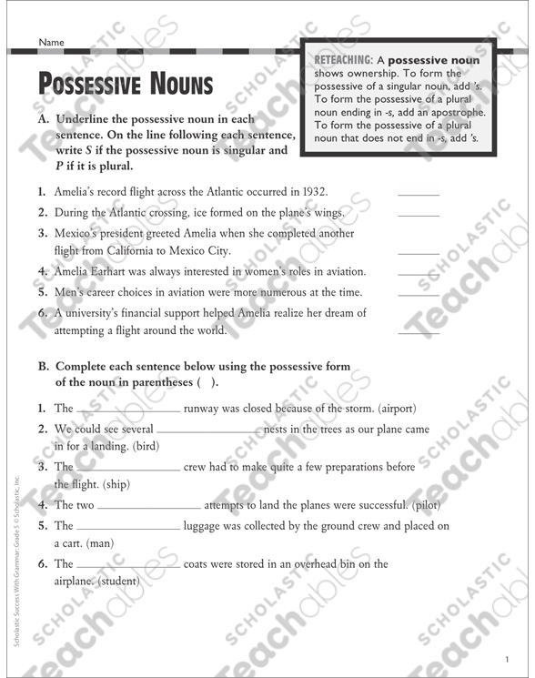 possessive nouns gr 4 5 grammar practice printable test prep and tests skills sheets
