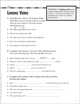 linking verbs grammar practice grade 5 printable test prep and tests skills sheets