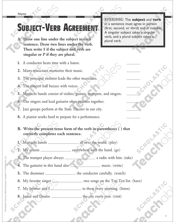 Subject Verb Agreement Grammar Practice Gr 5 Printable Test Prep Tests And Skills Sheets 5625