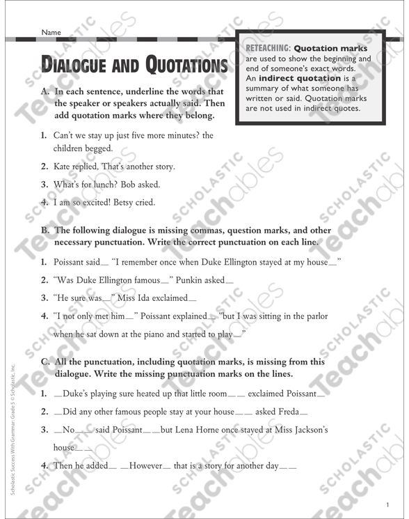 dialogue and quotations grammar practice printable test prep and tests skills sheets
