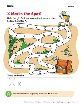 X Marks the Spot! (Identify X)  Printable Mazes, Skills Sheets