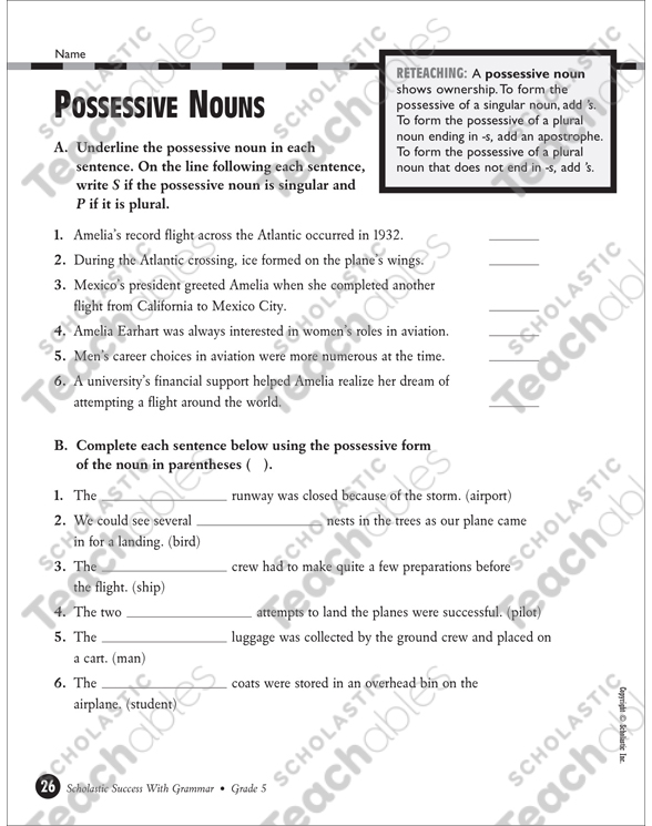 possessive nouns grade 5 printable test prep and tests skills sheets