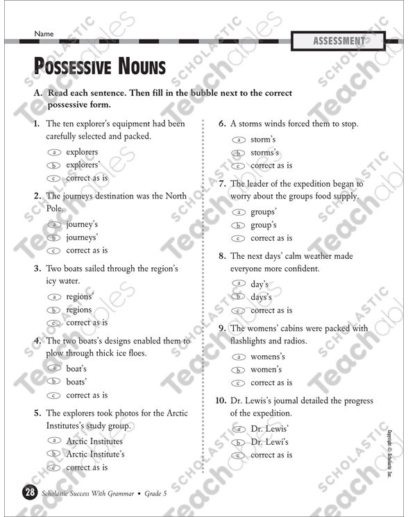 possessive nouns grade 5 printable test prep and tests skills sheets