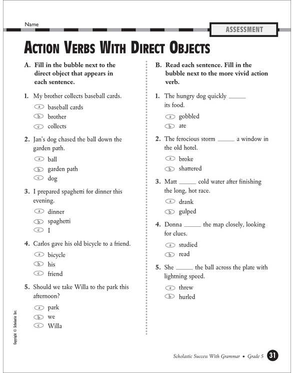 Action Verbs With Direct Objects Grade 5 Printable Test Prep, Tests
