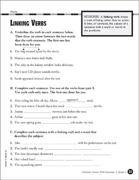 linking verbs grade 5 printable test prep and tests skills sheets