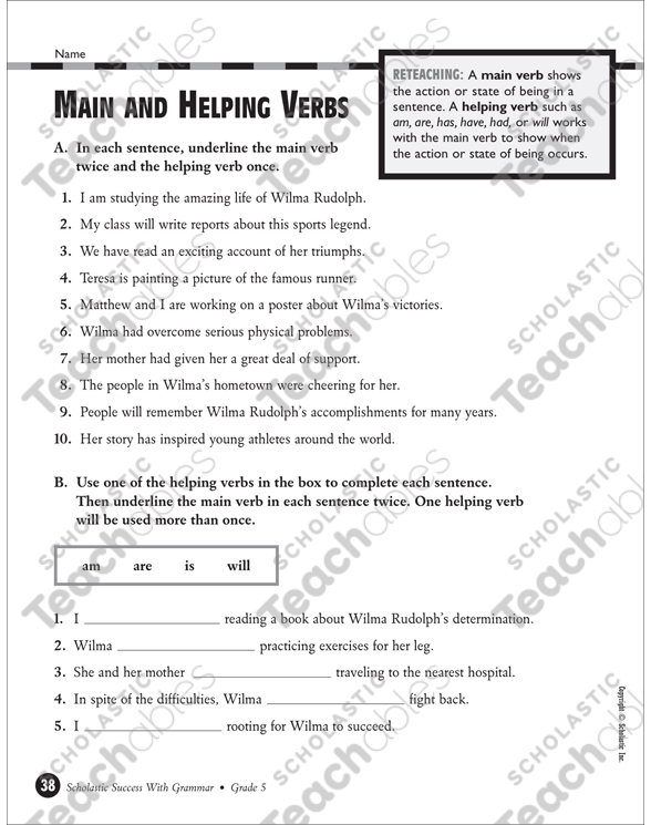 main and helping verbs grade 5 printable test prep and tests skills sheets