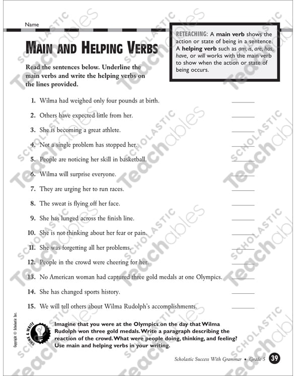 main and helping verbs grade 5 printable test prep and tests skills sheets