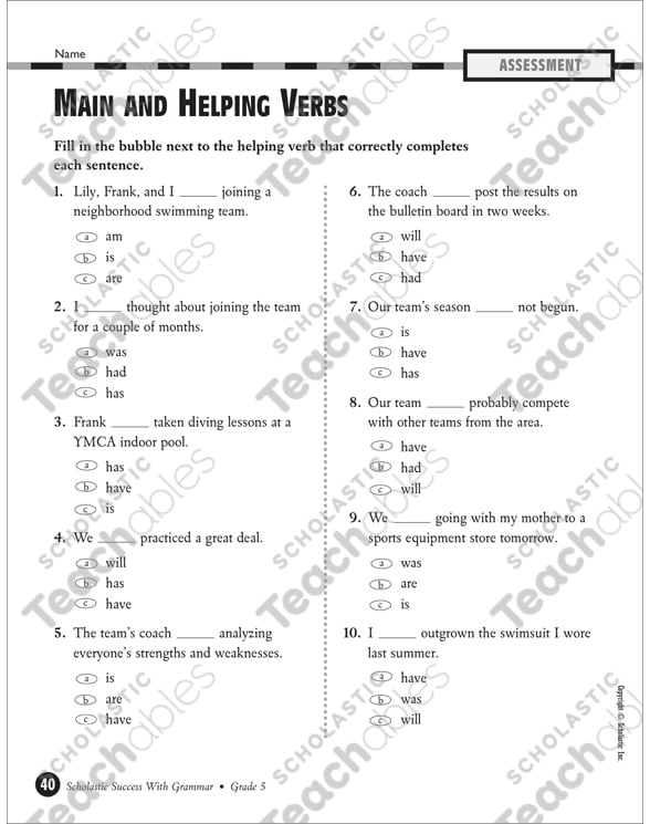 main and helping verbs grade 5 printable test prep and tests skills sheets
