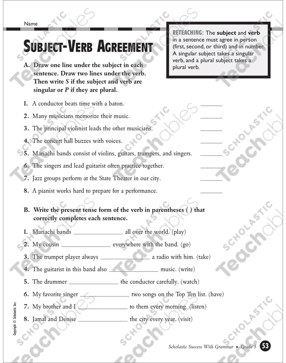 subject verb agreement grade 5 printable test prep and tests skills sheets