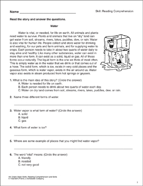Water Reading Comprehension Passage With Questions Printable Texts Skills Sheets