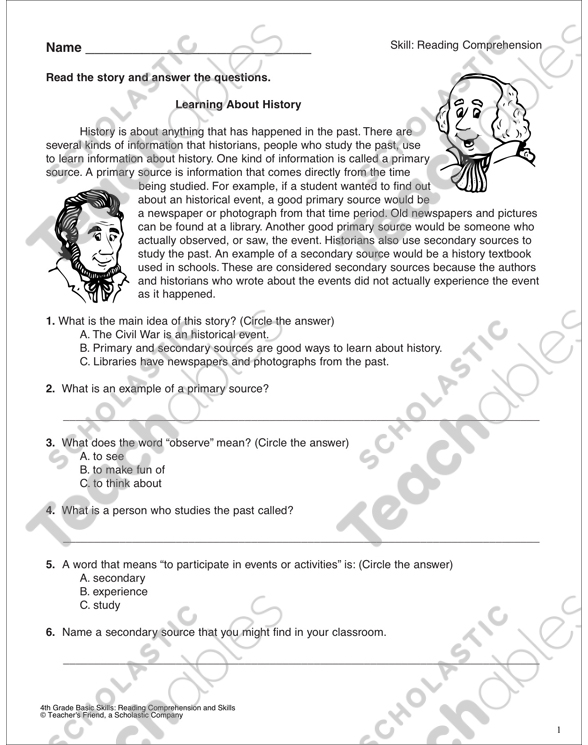 history reading comprehension passage with questions printable texts skills sheets