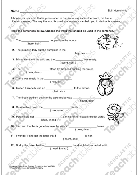 homonyms homophones 4th grade reading skills printable skills sheets