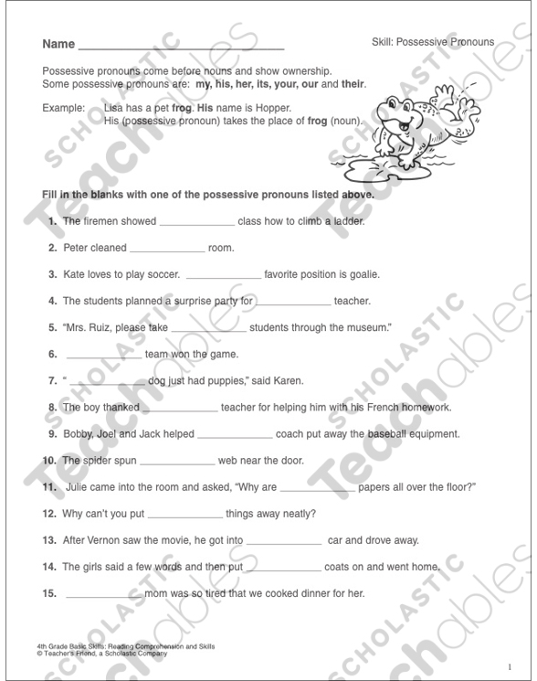 possessive pronouns grade 1 grammar skills printable skills sheets