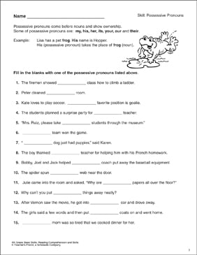 possessive pronouns grade 1 grammar skills printable skills sheets