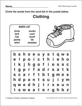 Word Search Clothing Printable Word Searches And Skills Sheets