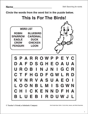 word search birds printable word searches skills sheets