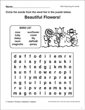 word search flowers printable word searches skills sheets