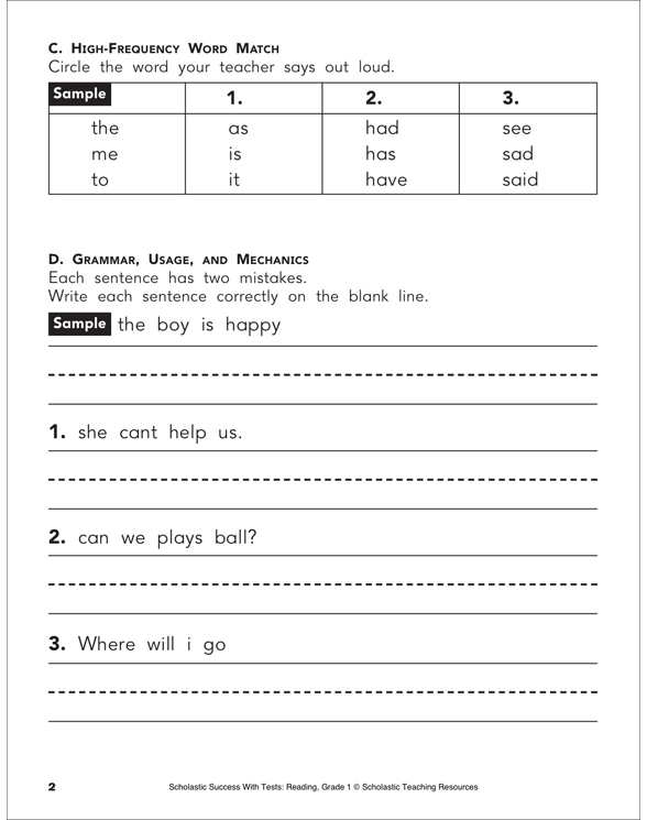 Reading Skills Practice Test 10 (Grade 1) | Printable Test Prep, Tests ...