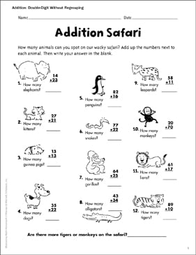 Addition Safari (Double-Digits/No Regrouping) | Printable ...