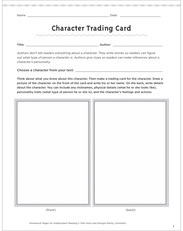 Character Trading Card Independent Reading Page Printable Skills