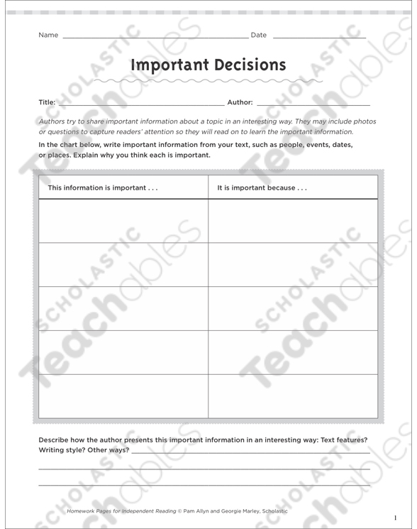 Important Decisions: Independent Reading Homework | Printable ...