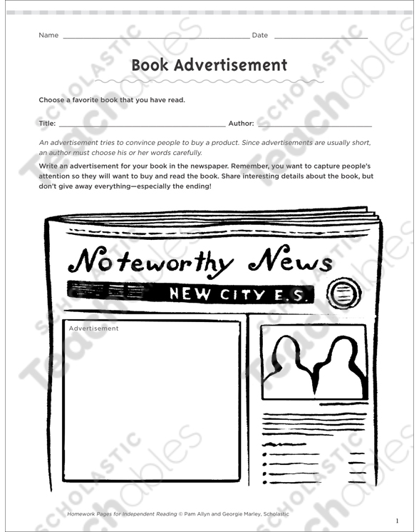 book advertisement independent reading homework printable skills sheets lesson plans and ideas