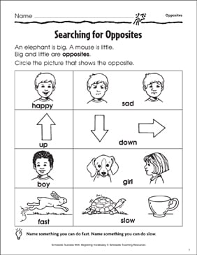 searching for opposites printable skills sheets