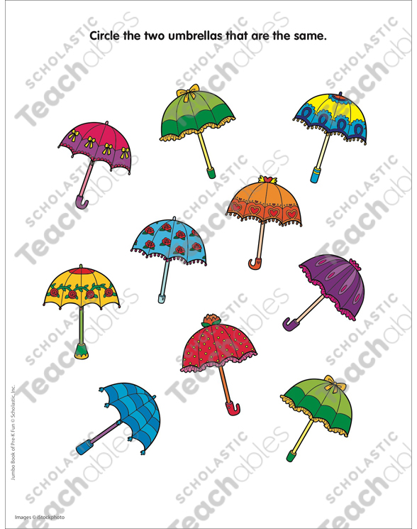 Find the Matching Umbrellas Activity Page Printable Skills Sheets