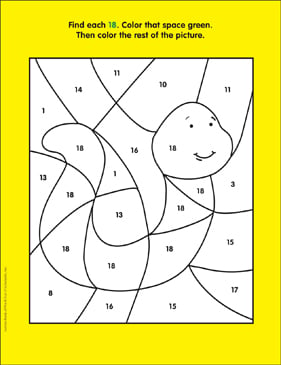 green worm number 18 color by numbers page printable hidden pictures skills sheets
