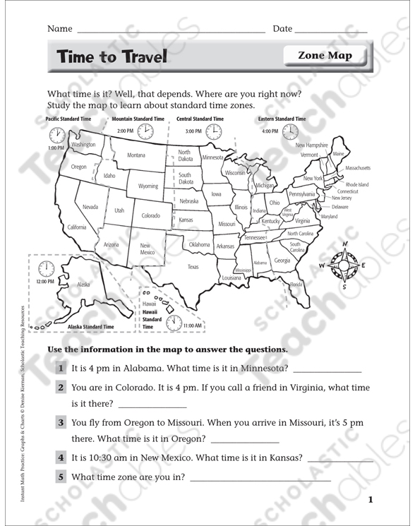 time to travel zone map instant math practice page for grades 2 3 printable skills sheets