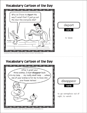 Verbs (depart/disappear): Vocabulary Cartoons | Printable Skills Sheets