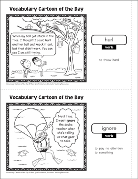 Verbs (hurl/ignore): Vocabulary Cartoons | Printable Skills Sheets
