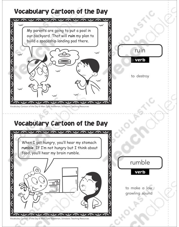Verbs (ruin/rumble) Vocabulary Cartoons Printable Skills Sheets
