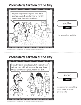 Verbs (scatter/scout): Vocabulary Cartoons | Printable Skills Sheets