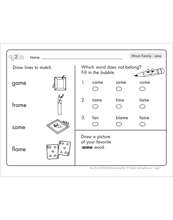 Long Vowels (ame) Word Family Learning Mats Printable Skills Sheets
