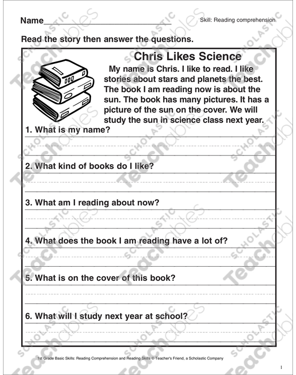 Chris Likes Science Reading Comprehension Printable Skills Sheets