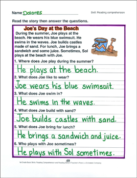 joe s day at the beach reading comprehension printable skills sheets