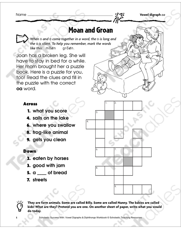 moan and groan vowel digraph oa printable skills sheets crossword puzzles