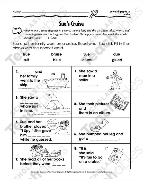 sue s cruise vowel digraphs ue and ui printable skills sheets