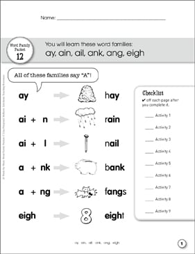 word family packet long a sound vowel teams printable skills sheets